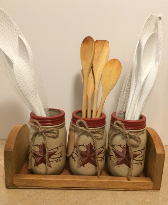 Mason Jar Utensil Holders,Mason Jar Decor,Primitive Decor,Primitive Star Decor,Christmas Gift, Bathroom Decor,Primitive Bathroom,Mason Jars