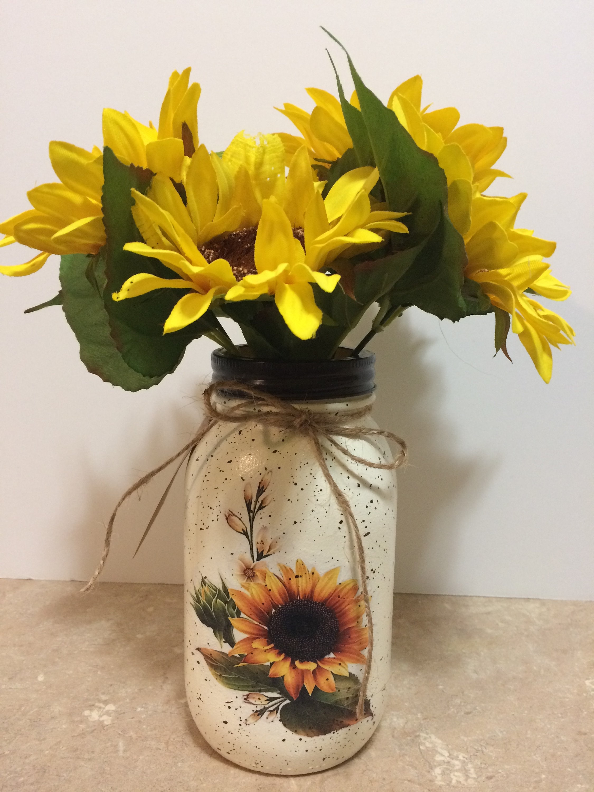 Mason Jar Bathroom/Desk set,Decoupaged Jars,Sunflower Decor, Country