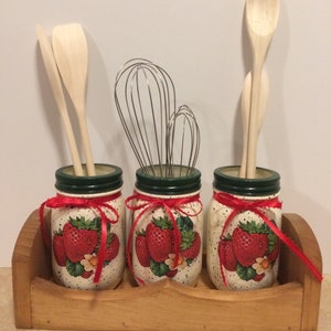 Kitchen Utensil Holder,Strawberry Decor, Mason Jar Decor,Strawberry Kitchen,Country Decor,Mason Jar Kitchen,Strawberry Gift,Mothers day Gift