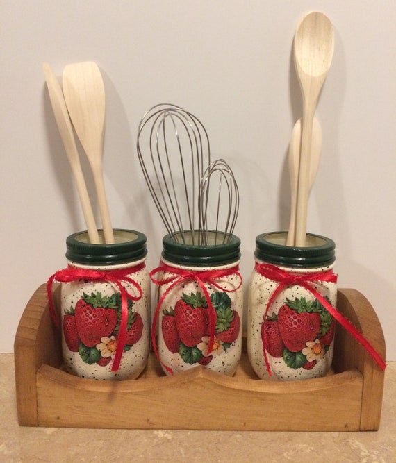 Kitchen Utensil Holder,Strawberry Decor, Mason Jar Decor,Strawberry Kitchen,Country Decor,Mason Jar Kitchen,Strawberry Gift,Mothers day Gift