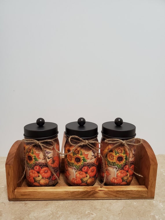 mason jars,decoupaged jars,fall decor,autumn decor,table decor,storage jars,country decor,treat jars,housewarming gift,fall centerpiece