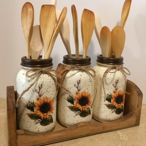 Mason Jar Utensil Holders,Sunflower Kitchen Decor,Mothers day gift,Hand painted Jars,Sunflower Kitchen,Farmhouse Decor,decoupaged jars