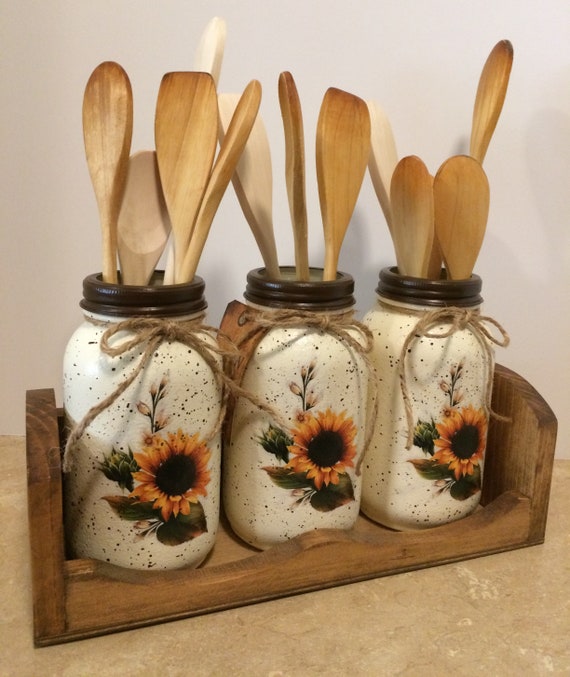 Mason Jar Utensil Holders,Sunflower Kitchen Decor,Mothers day gift,Hand painted Jars,Sunflower Kitchen,Farmhouse Decor,decoupaged jars