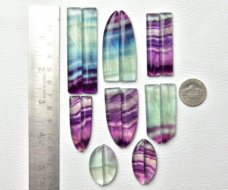 Hermoso par de cabujones de fluorita sueltos. Pendientes de piedra de fluorita a juego. Par de fluorita en forma de lágrima para la fabricación de joyas n.º 1012. imagen 2