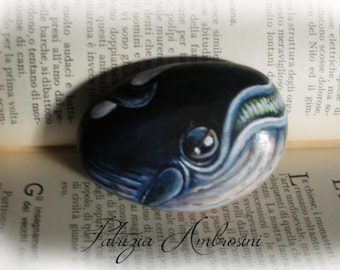 Whale No.2 Handpainted rock painting, painted stone. miniature, ocean, sea rock pebble fine art