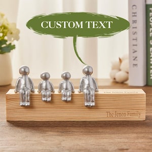 Custom Engraved Family Sculpture Personalize Metal Figurine Set with Names on Wood Base Minimalist Home Decor Shelf Statue Housewarming Gift