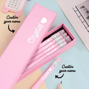 Personalized Pink HB Pretty Pencil Set Custom Name Box of 12 Pencils Erasers Back to School Stationery, Girls Unique School First Day Gift