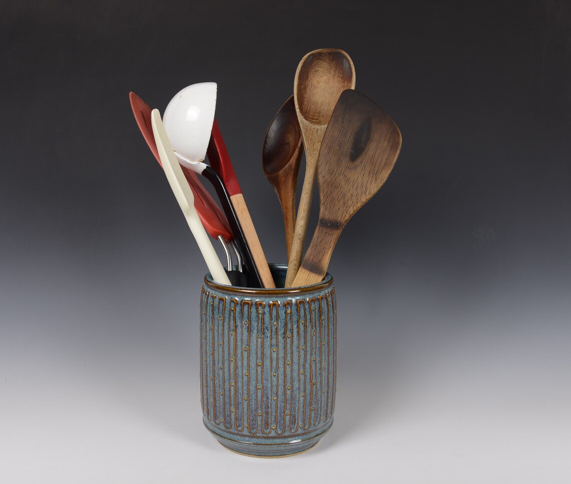 Blue Fluted Utensil Holder Ceramic Pencil Holder Ceramic Etsy