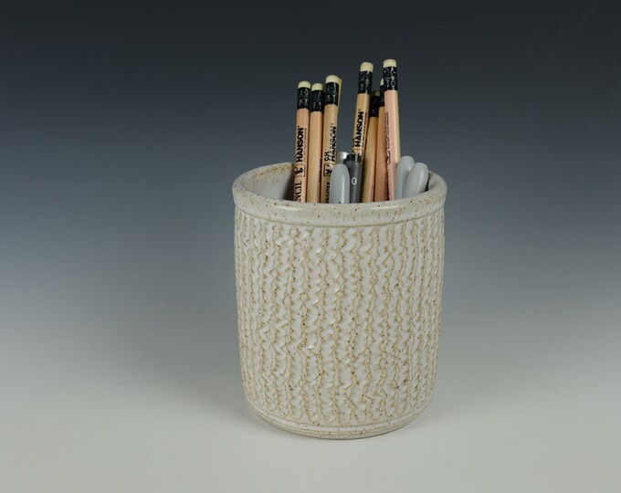 Fluted Speckled White Utensil Holder, Ceramic Pencil Holder Handmade