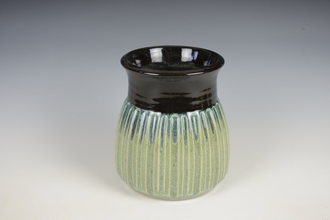 Fluted Green / Black Utensil Holder Ceramic Pencil Holder Etsy