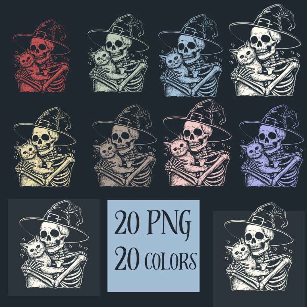 Skeleton Hugging Cat PNG Bundle: Halloween Gothic Clipart (digital ...