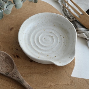 Handmade Ceramic Spoon Rest / Natural White Speckled Glaze / Wheel-Thrown Pottery Spoon Dish