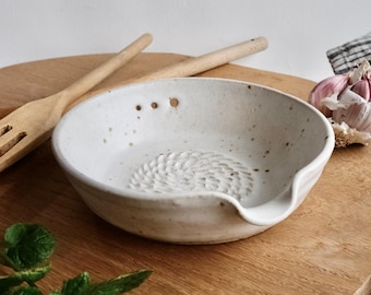 Handmade Ceramic Herb Stripper and Garlic Grater / Natural White Speckled Glaze / Wheel-Thrown Pottery Kitchenware