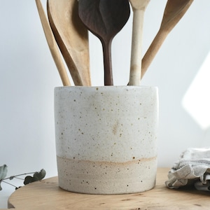 Handmade Ceramic Utensil Holder / Natural White Speckled Glaze/ Wheel Thrown Kitchen pot