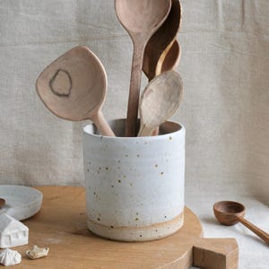 Handmade Ceramic Utensil Holder / Natural White Speckled Glaze/ Wheel Thrown Kitchen pot