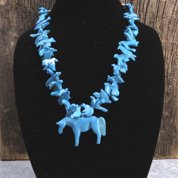 Vintage Zuni Carved Turquoise Animal Fetish Necklace - Horse, Birds, Fish, Rabbits, Ducks, Bear, Buffalo / Estate Jewelry