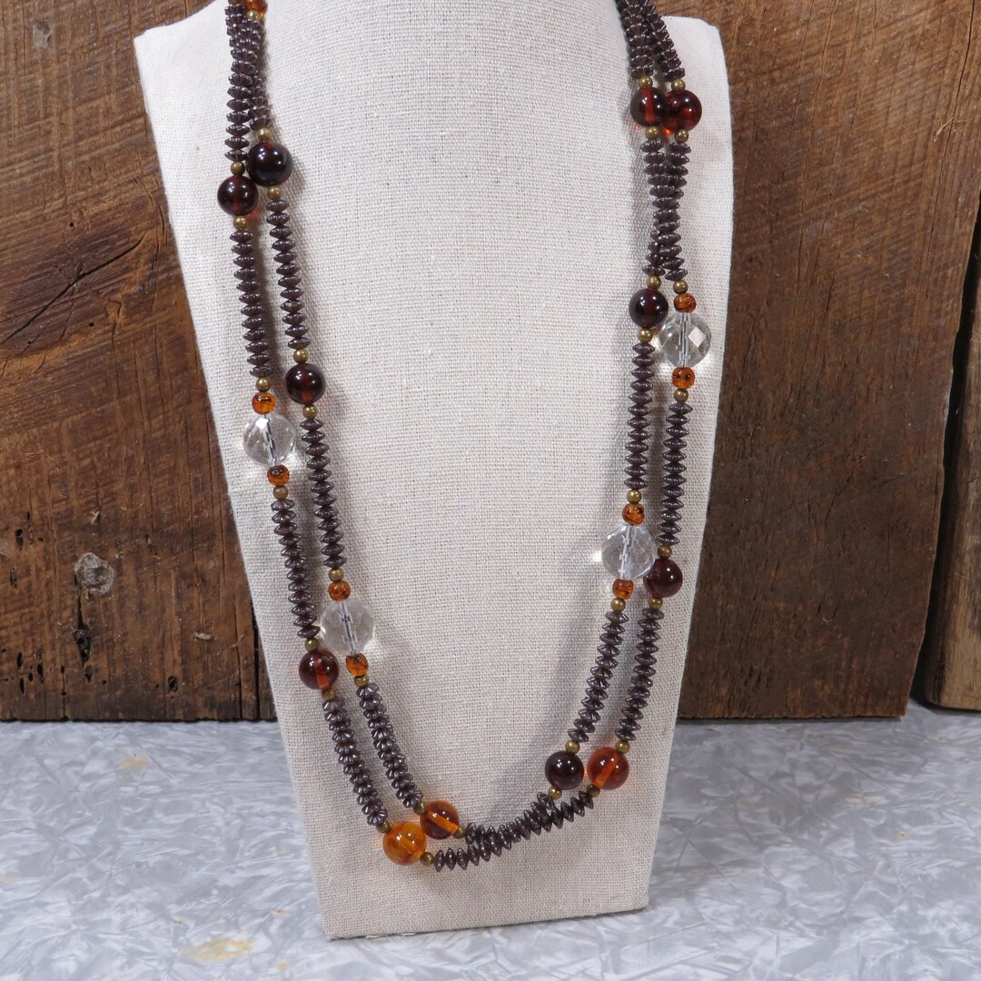 Vintage Brown and Clear Glass Bead Necklace / Estate Jewelry / Etsy