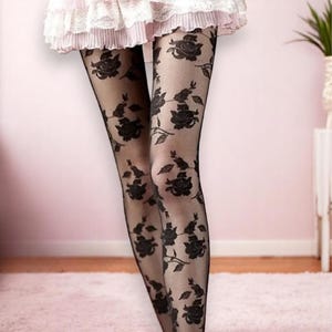 Rose Patterned Black Tights, Floral Fishnet Pantyhose, Sexy Lingerie for Her, Flower Gothic Stockings