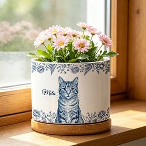 Puede incluir: Una maceta cilíndrica de cerámica blanca con una ilustración azul de un gato atigrado, el nombre Mila y un borde floral. La maceta descansa sobre una base circular de madera y contiene una planta con flores de color rosa claro.
