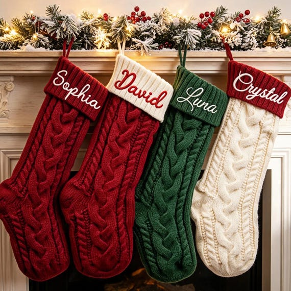 Custom Monogram Christmas Embroidered Stocking, Personalized Xmas Family Name Knit Stocking