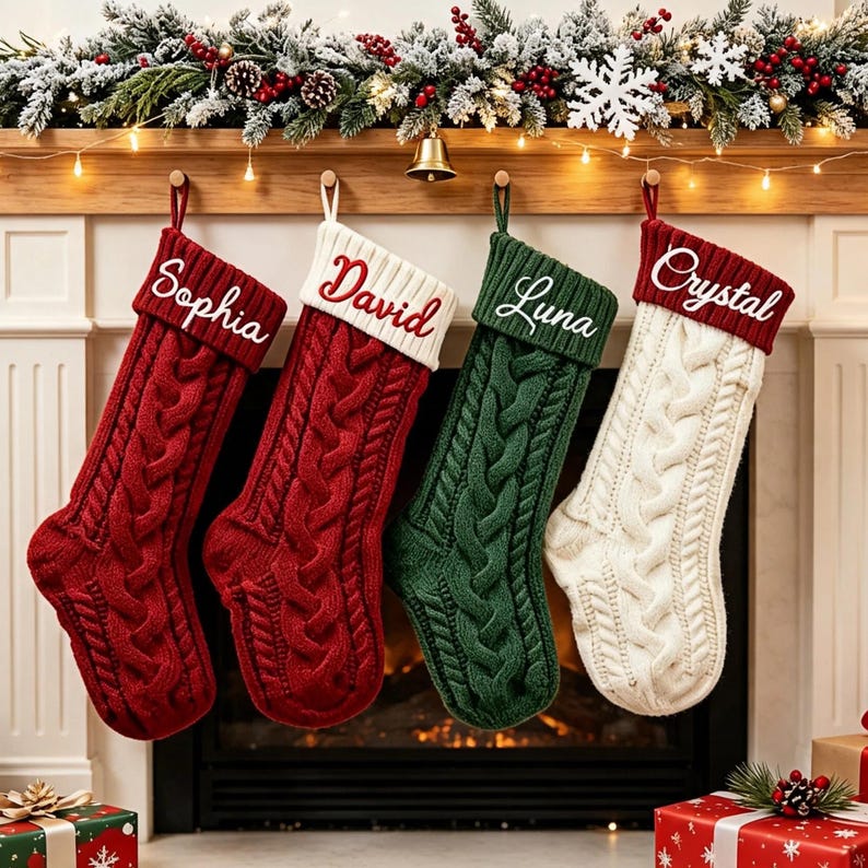 May include: Four cable-knit Christmas stockings hanging in a row. Two are red with white cuffs, one is green with a green cuff, and one is white with a red cuff. Each stocking features embroidered names: Sophia, David, Luna, and Crystal in white or red script.