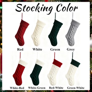 May include: A collection of eight Christmas stockings with cable knit patterns and hanging loops. The colors include solid red, white, green, and grey, plus combinations of white-red, white-green, red-white, and green-white. Text reads Stocking Color.