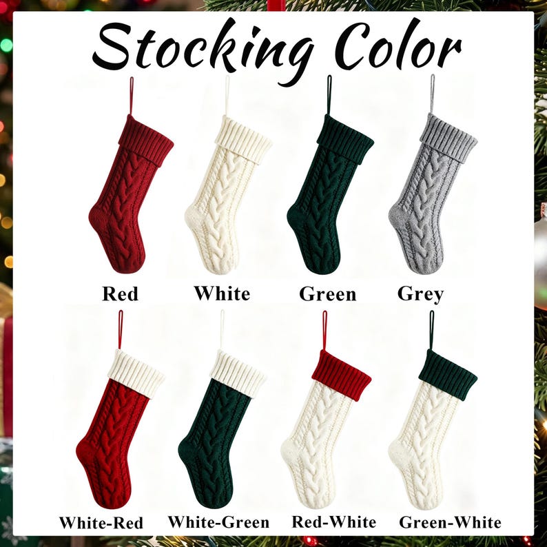 May include: A collection of eight Christmas stockings with cable knit patterns and hanging loops. The colors include solid red, white, green, and grey, plus combinations of white-red, white-green, red-white, and green-white. Text reads Stocking Color.