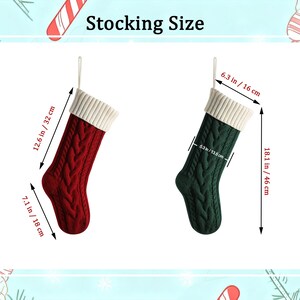 May include: Two cable-knit stockings, one red and one dark green, each with a white ribbed cuff and hanging loop. The red stocking measures 12.6 inches by 7.1 inches. The green stocking measures 18.1 inches by 6.3 inches with a 5.3 inch width.
