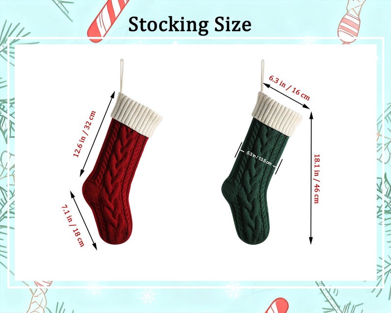 May include: Two cable-knit stockings, one red and one dark green, each with a white ribbed cuff and hanging loop. The red stocking measures 12.6 inches by 7.1 inches. The green stocking measures 18.1 inches by 6.3 inches with a 5.3 inch width.