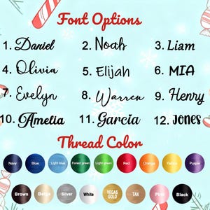 May include: A chart displaying twelve numbered font options with names like Daniel, Noah, and Liam, followed by a selection of circular thread color swatches including navy, blue, green, red, orange, yellow, purple, brown, silver, white, and black.