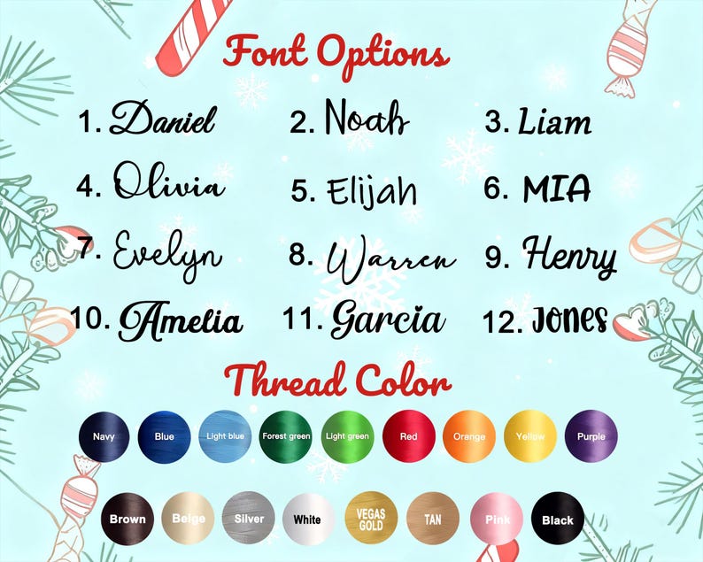 May include: A chart displaying twelve numbered font options with names like Daniel, Noah, and Liam, followed by a selection of circular thread color swatches including navy, blue, green, red, orange, yellow, purple, brown, silver, white, and black.