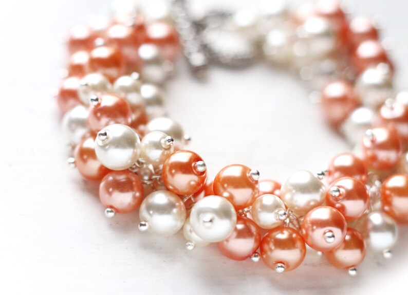 Orange and Cream Pearl Cluster Bracelet for Orange Weddings, Bridesmaid Jewelry Bracelet Pumpkins Delight image 2