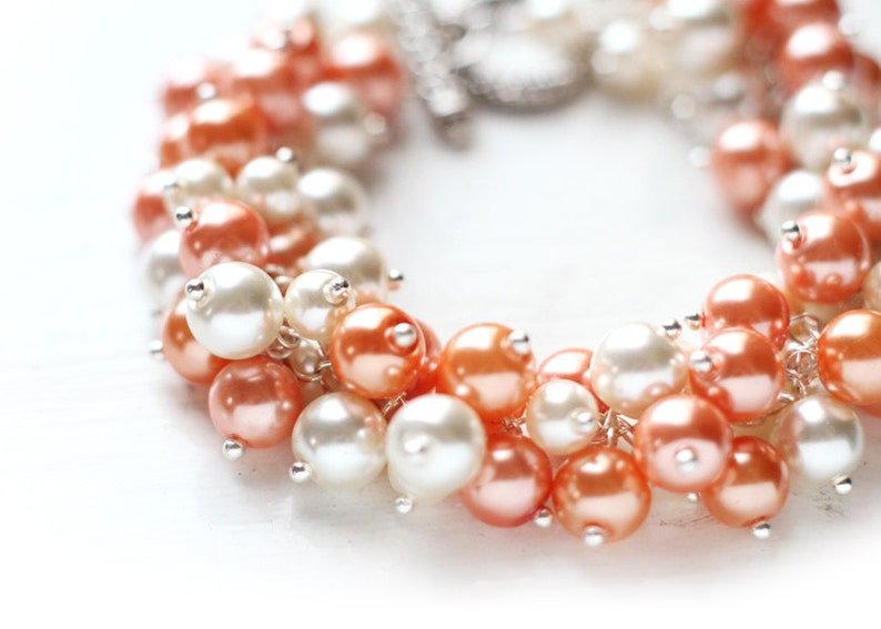 Orange and Cream Pearl Cluster Bracelet for Orange Weddings, Bridesmaid Jewelry Bracelet Pumpkins Delight image 1