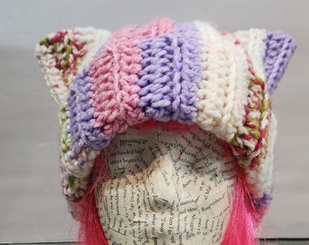 Floral Cat Ear Beanie - Multi-Colored - Crocheted - Handmade - Unique - Ready to ship