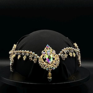 Tocado de ballet de cristal dorado: tiara de baile con diamantes de imitación iridiscentes