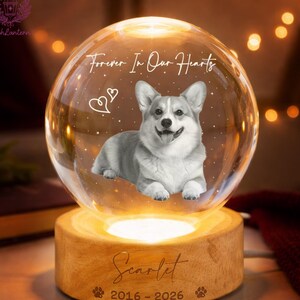 May include: A lit glass sphere featuring a corgi image and the text "Forever In Our Hearts" on a wooden base. The base is engraved with a name and dates. The sphere glows warmly from within, creating a soft light.