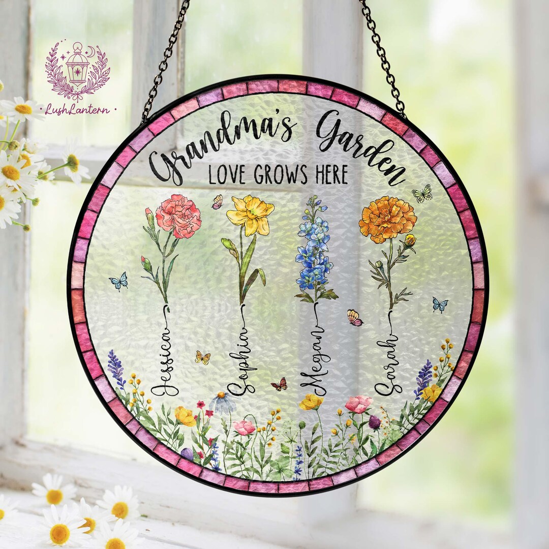 Personalized Grandma's Garden Glass Suncatcher, Stained Glass Flower ...