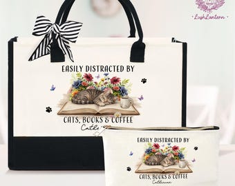 Custom Reading Tote Bag, Cat Book Tote, Bookish Bag, Cats Books and Coffee Tote, Book Lover Tote, Cat Lover Gift For Cat mom, Bookworm gift