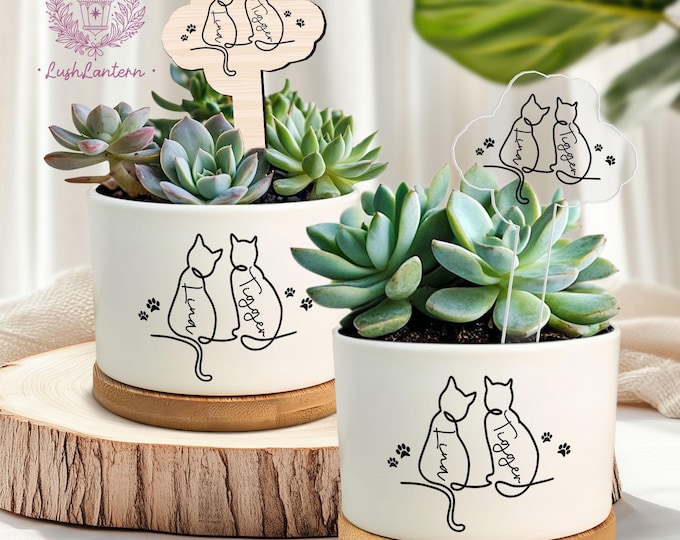 Custom Cat's Name Plant Pot, Personalised Gifts, Unique Cat Lover Present,Gift For Cat Owner,Family Gift, Pet Lover, Line Art Cute Cat/Dog