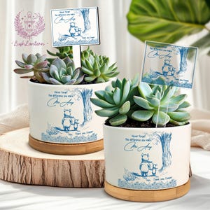 May include: Two white ceramic planters with succulents, each featuring a blue illustration of a bear and a child under a tree. The planters have wooden bases and include a sign that reads "Never forget the difference you make, Mrs. Amy. Thank you, Cooper."
