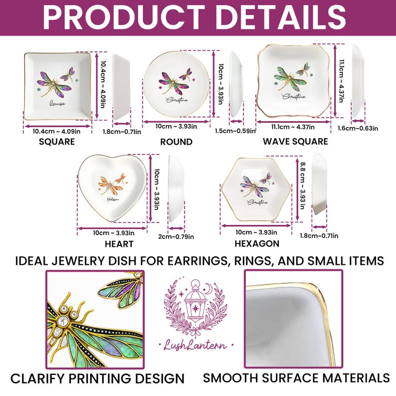 May include: White ceramic jewelry dishes in square, round, wave square, heart, and hexagon shapes. Each dish features a dragonfly design with gold trim. Dimensions range from 4.09 inches to 4.37 inches.
