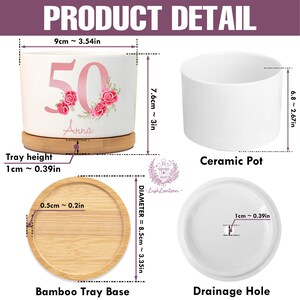 May include: White ceramic pot with a pink floral design and the number 50. The pot is 3.54 inches wide and 3 inches tall, sitting on a bamboo tray base. The tray is 3.35 inches in diameter and 0.39 inches high. The text "Anna" is below the number.