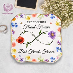 Personalized Birth Flower Jewelry Dish, Birth Flower Jewelry Dish, Gift Group Friends, Custom Text Ring Dish, Gift For Soul Sister Friends.