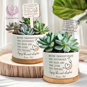 May include: Two white ceramic planters with succulents, each with a wooden base and a sign. The planters have the text "Never underestimate the difference you made and the lives you touched. Enjoy the next chapter, Karen, RN."
