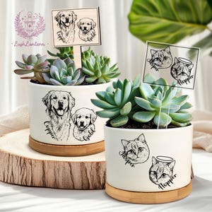 May include: Two white ceramic plant pots with succulents, each featuring a pet portrait. One pot has dog portraits labelled "Copper" and "Gold", the other has cat portraits labelled "Jasper" and "Hopper". Both pots sit on wooden bases.