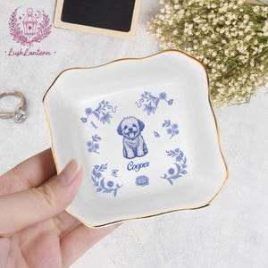 Custom Dog Photos Chinoiserie Toile De Jouy, Personalized Jewelry Dish, Dog Lover Gifts, Dog Dad Jewelry Dish, Dog Dad Dog Mom Trinket Dish