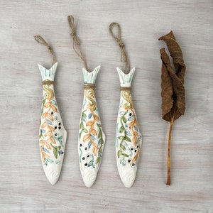 Hand painted ceramic sardines inspired by seaweed and sea plants along the Portuguese coast, set of 3 sardines from Portugal, READY TO SHIP