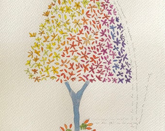 Watercolor with a tree, one of a kind, inspired by a tree from Madeira, painted on a watercolor paper of 300g/m2 (140 Ils) acid free paper