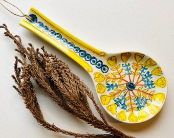 Big ceramic spoon hand painted with flowers and colorful patterns beautiful table or kitchen decor, pottery spoon collectors, free shipping