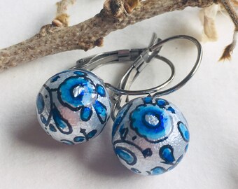 Earrings Coimbra pottery style, hand painted, beautifully designed with Portuguese ornaments, free shipping worldwide